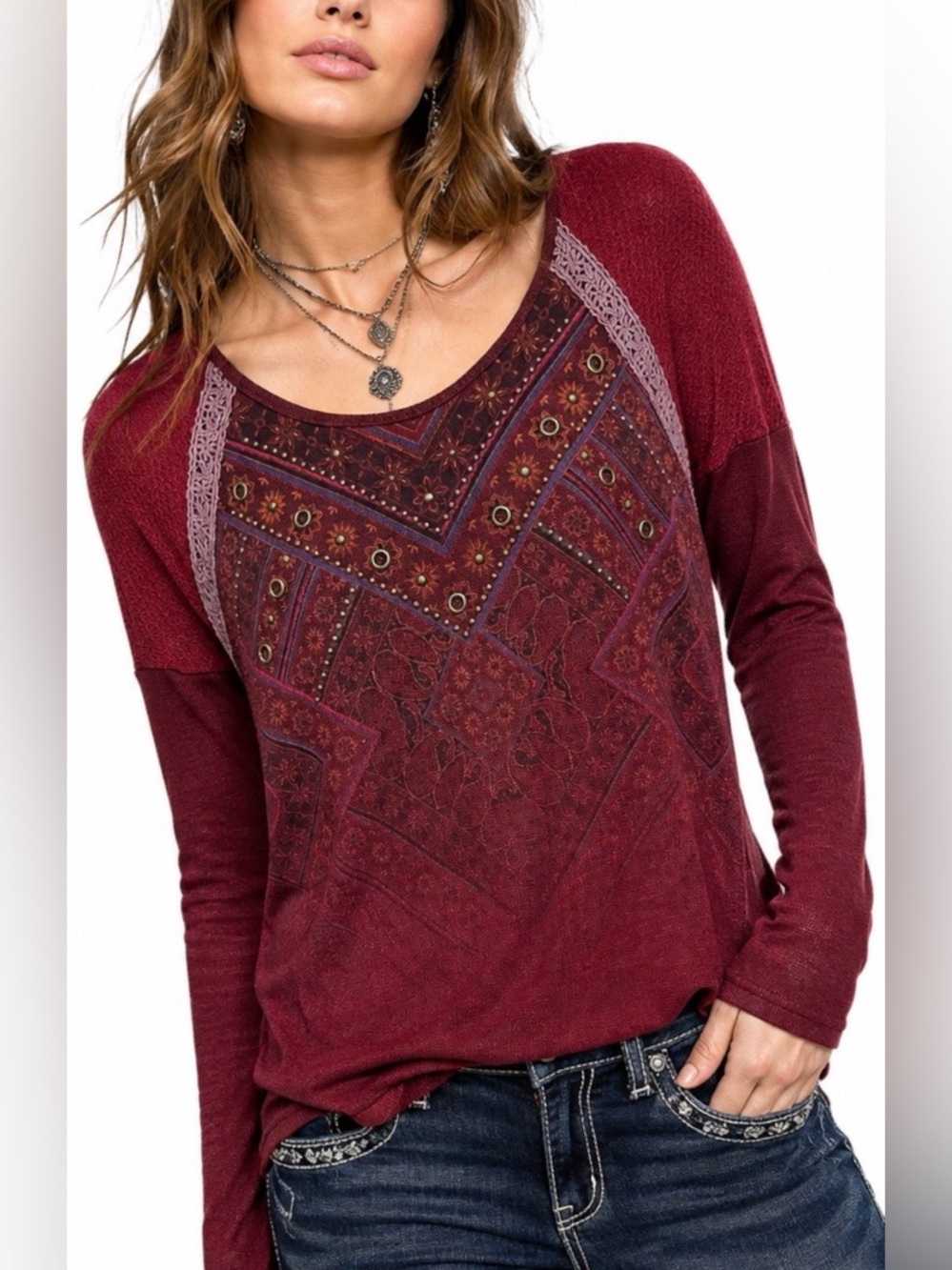 Miss Me Burgundy Studded Grommet Lace Up Back Top L Y2K Whimsigoth Fairy Grunge